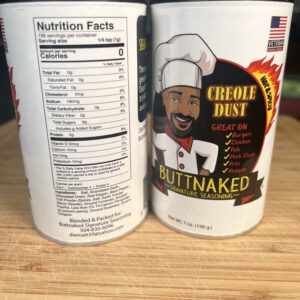 A can of creole dust is shown next to the nutrition facts label.