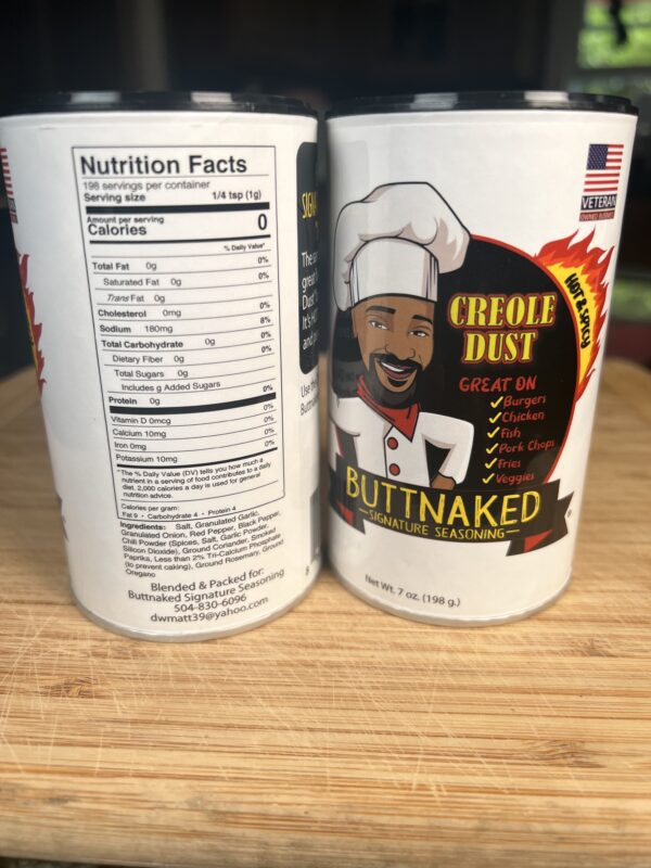 A can of creole dust is shown next to the nutrition facts label.